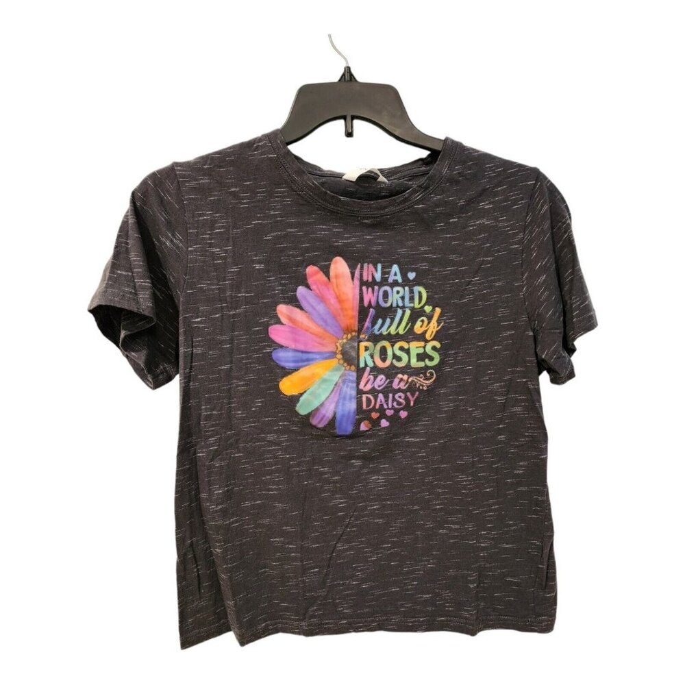 Womens L Petite "In A World Full of Roses Be A Daisy," Heather Gray T-shirt